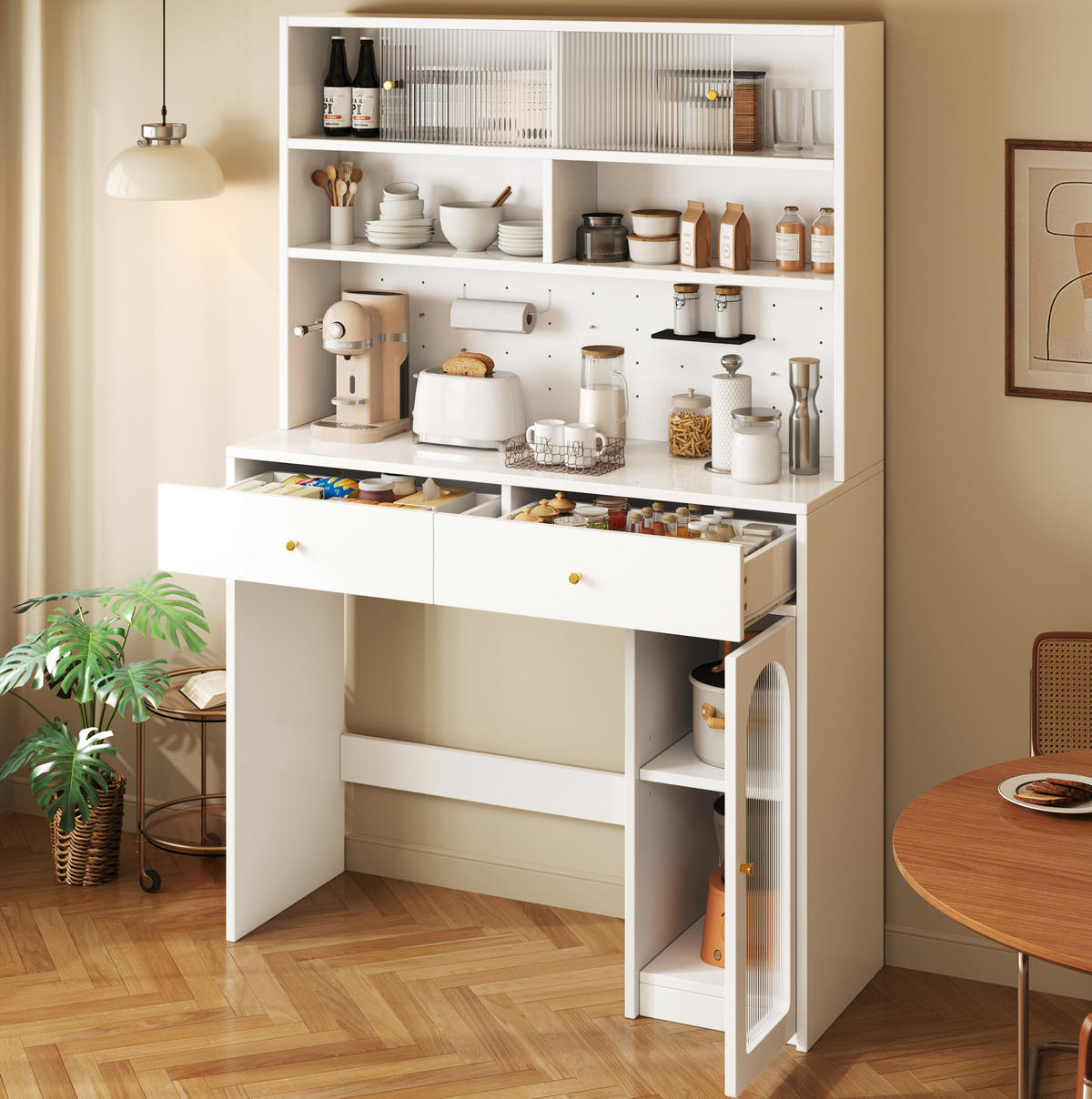 BUFFETSCHRANK 120/45/180 cm mit Arbeitsfläche, 2 Schubladen, Hakenleiste und offenem Stauraum aus MDF, Weiß - Weiß, Holzwerkstoff (120/180/45cm) - Redom