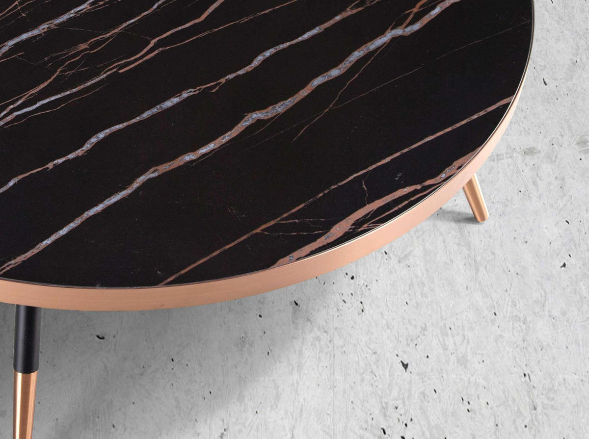 COUCHTISCH Runder Couchtisch aus Porzellanmarmor und schwarzem Stahl Ø90/30 cm - Schwarz/Bronzefarben, Stein/Metall (90/90/30cm) - ANGEL CERDA
