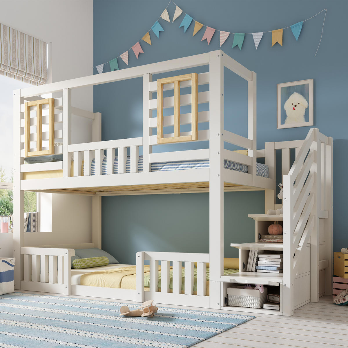 ETAGENBETT 90/200 cm & 90/200 cm in Weiß Kinderbett mit Treppenschrank und Lattenrost im Hüttenstil - Weiß, Holzwerkstoff (90/200cm) - STILVORA