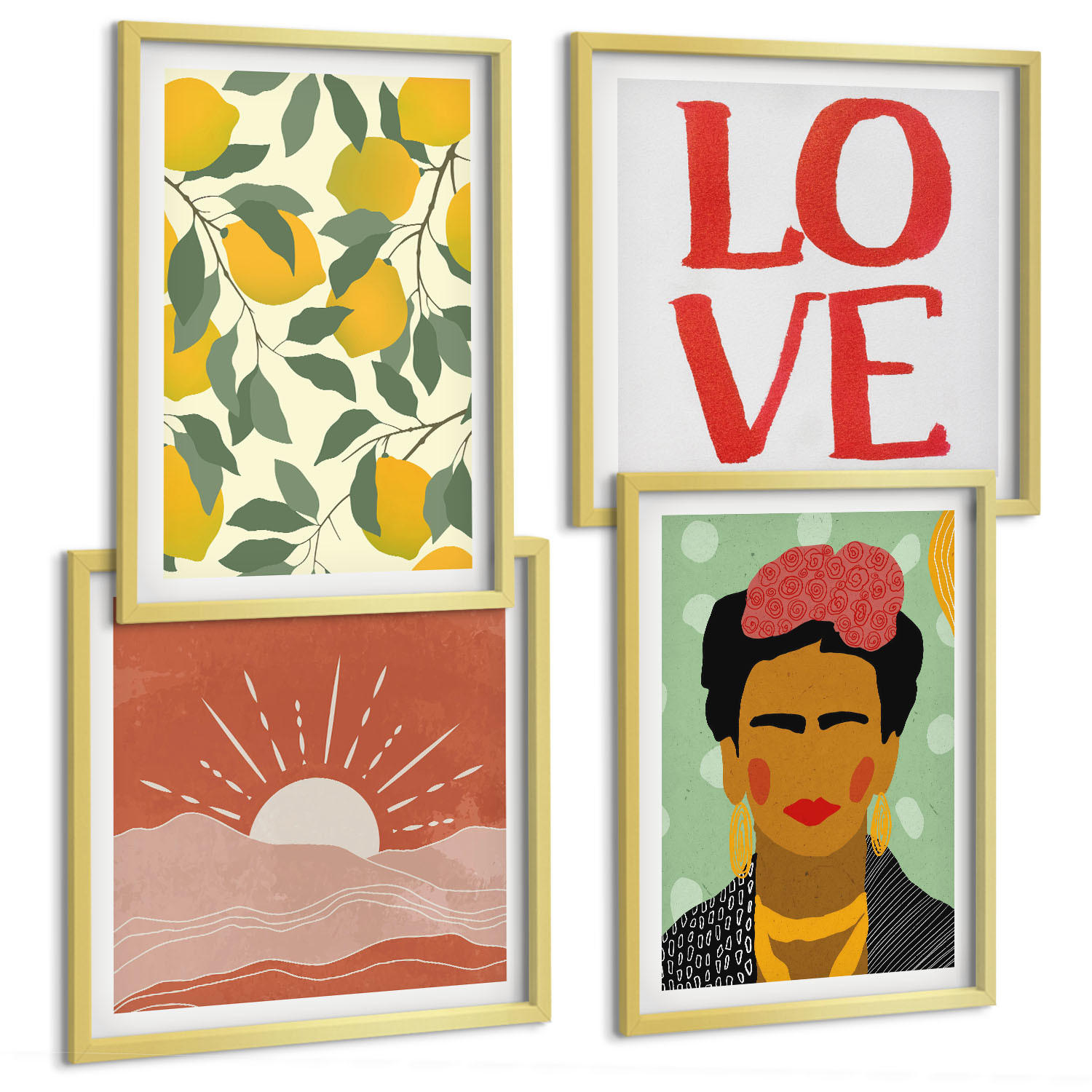 BILDER SET 4er Set - 50x50 cm & 40x60 cm Goldrahmen - Zitronen Inschrift Liebeslandschaft Frida - Goldfarben, Kunststoff (50/50cm) - TULUP