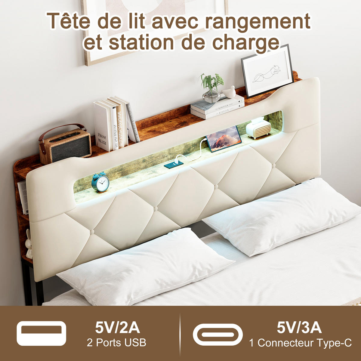 STAURUMBETT 160X200CM SAMT BEIGE LED KOPFTEIL 4 SCHUBLADEN - Beige, Holzwerkstoff - SHOPENTRA