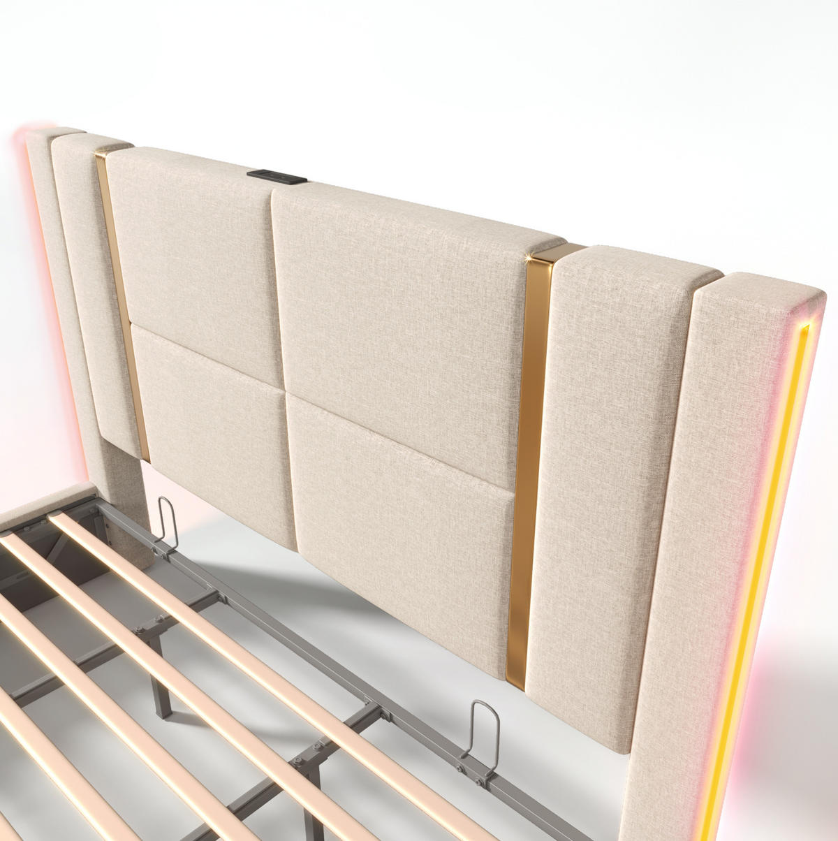 POLSTERBETT 180/200 cm Beige aus Leinen mit LED und Stauraum - Beige, Textil (180/200cm) - OKMYHOME
