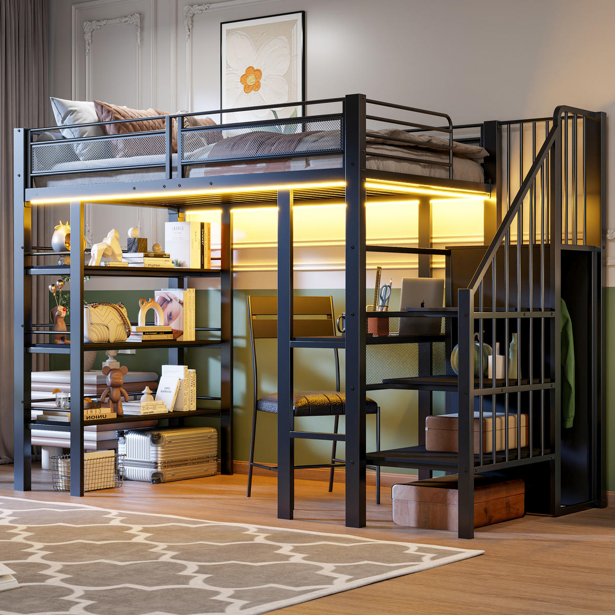 HOCHBETT 90/200 cm mit LED-Lichtleisten, Steckdose, Schreibtisch, Regal und Kleiderschrank, Schwarz - Schwarz, Holzwerkstoff (90/200cm) - Redom