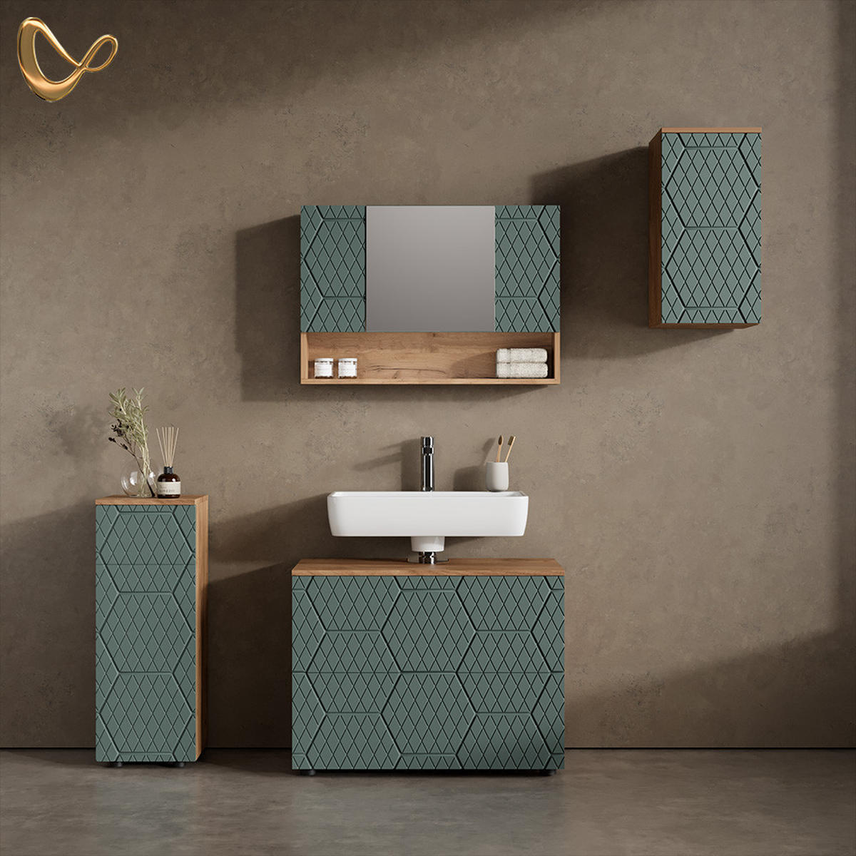 BADMÖBEL-SET Ronco Grün/Goldkraft Eiche 4 Teile - Eiche Wotan/Grün, Holzwerkstoff (80/58/41cm) - Livinity®