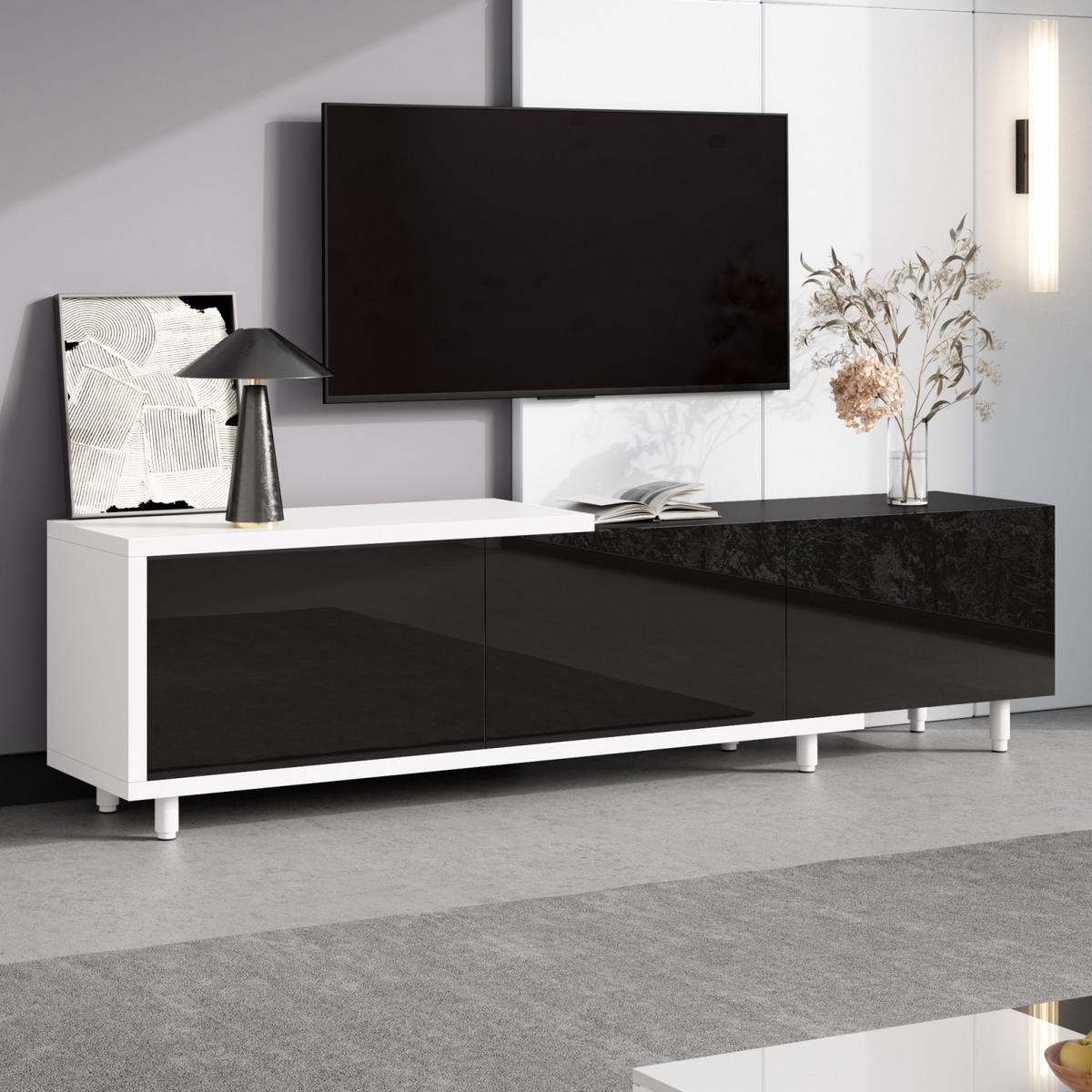 TV-LOWBOARD ausziehbar 258 x 38 x 48,5 cm aus MDF/Spanplatte, 3 Hochglanztüren, Schwarz/Weiß - Schwarz, Holzwerkstoff (258/48/38cm)