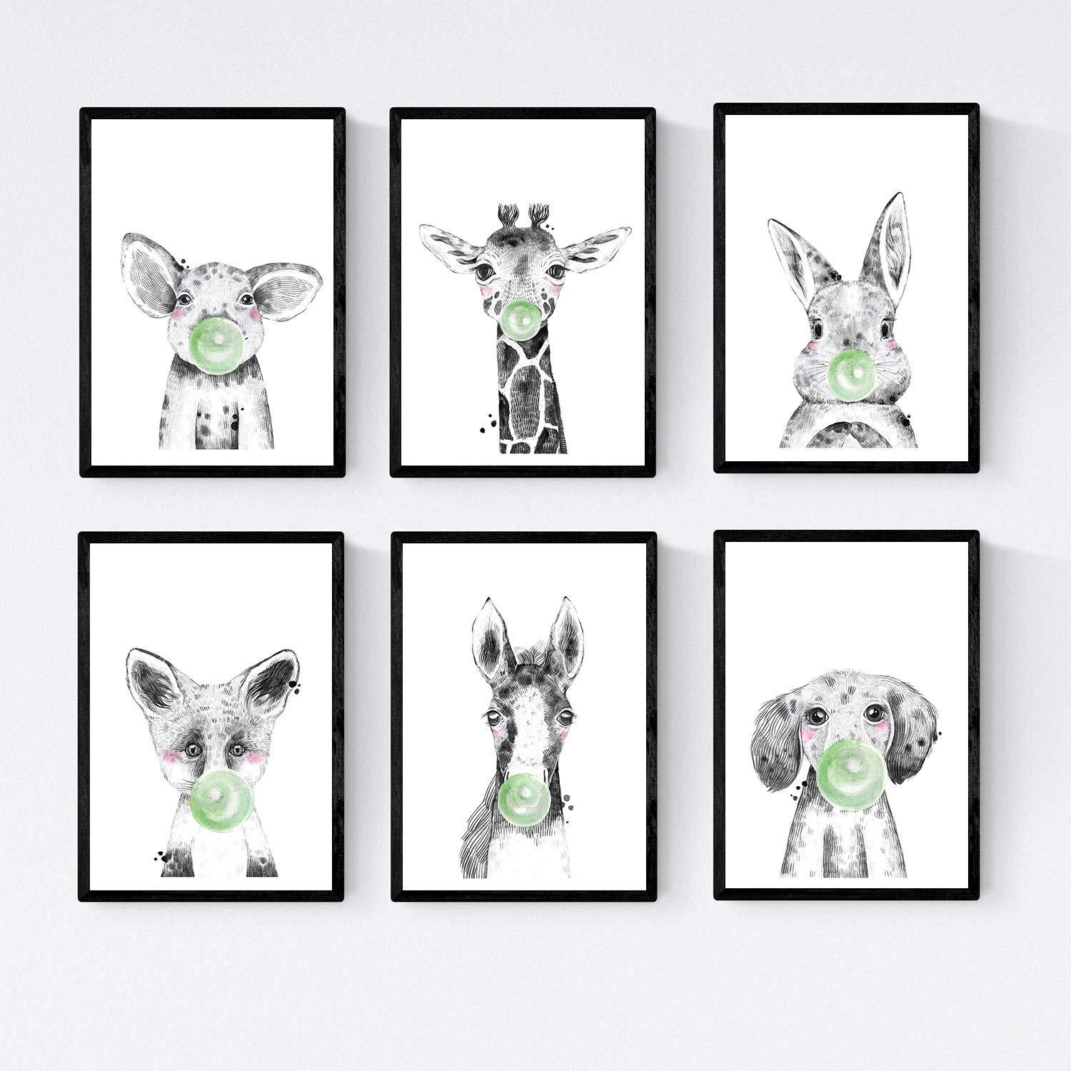 POSTER Set Mit 6 Tiere Babys Mit Kaugummi Schweinefleisch Girafa Kaninchen Fuchs Pferd Hunde A4 Rahmenlos - Klar, Papier (29/3cm) - Nacnic