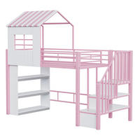 HOCHBETT 90/200 cm DE-01529, in Rosa, mit Hausdesign, Stauraumregal und Sicherheitstreppe - Pink, Metall (90/200cm) - ComfortXL