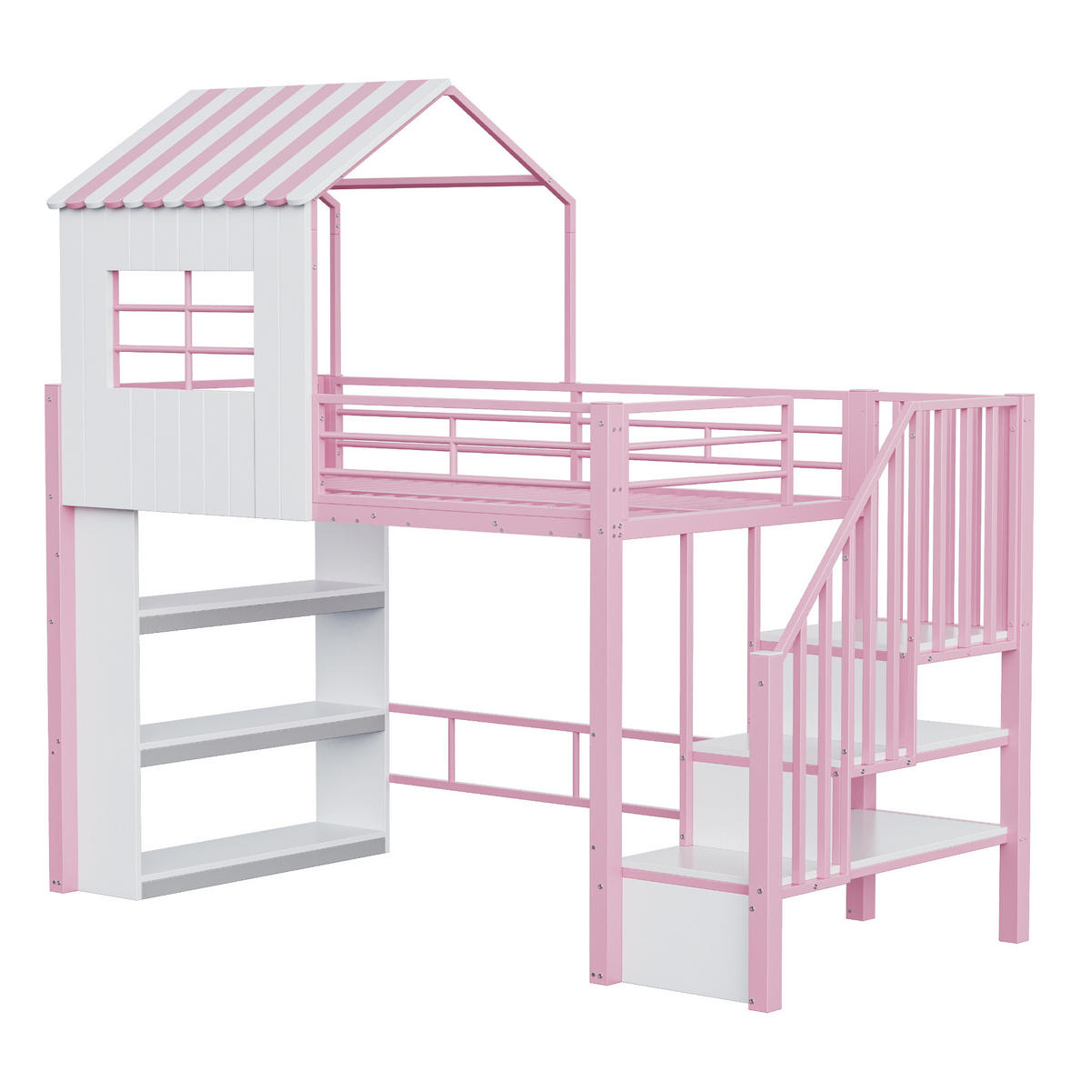 HOCHBETT 90/200 cm in Rosa Kinderbett mit Stauraumtreppe und Regal im Hausdesign - Rosa, Holzwerkstoff/Metall (90/200cm) - STILVORA