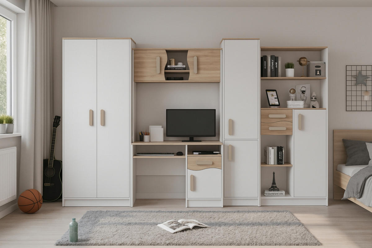 REGAL MIKI 01 Korpus Weiß | Griffe Sonoma - Weiß/Sonoma Eiche, Holz/Holzwerkstoff (40/197/38cm) - Deine Möbel 24