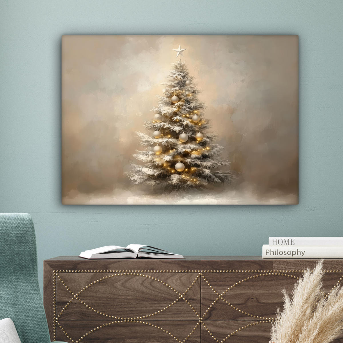 LEINWANDBILD Weihnachten - Weihnachtsbaum - Schnee - Kunst Wandbilder 80x60 cm - Champagner, Textil (80/60cm) - MuchoWow