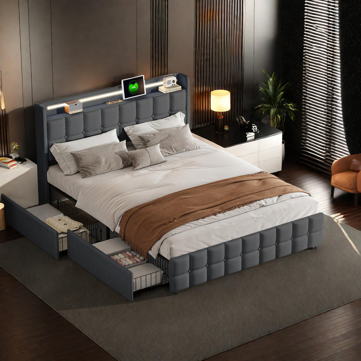 BETT 160x200 cm Polsterbett dunkelgrau mit Stauraum, RGB LED, USB & Lattenrost in Leinenoptik - Grau, Metall (160/200cm) - SHOPENTRA