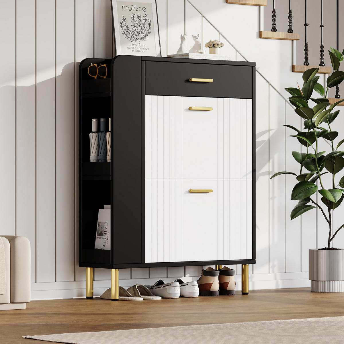 SCHUHSCHRANK aus MDF & Spanplatte 80x24x105cm in Schwarz mit 2 Klappen - Schwarz, Holzwerkstoff (80/105/24cm) - Modfu