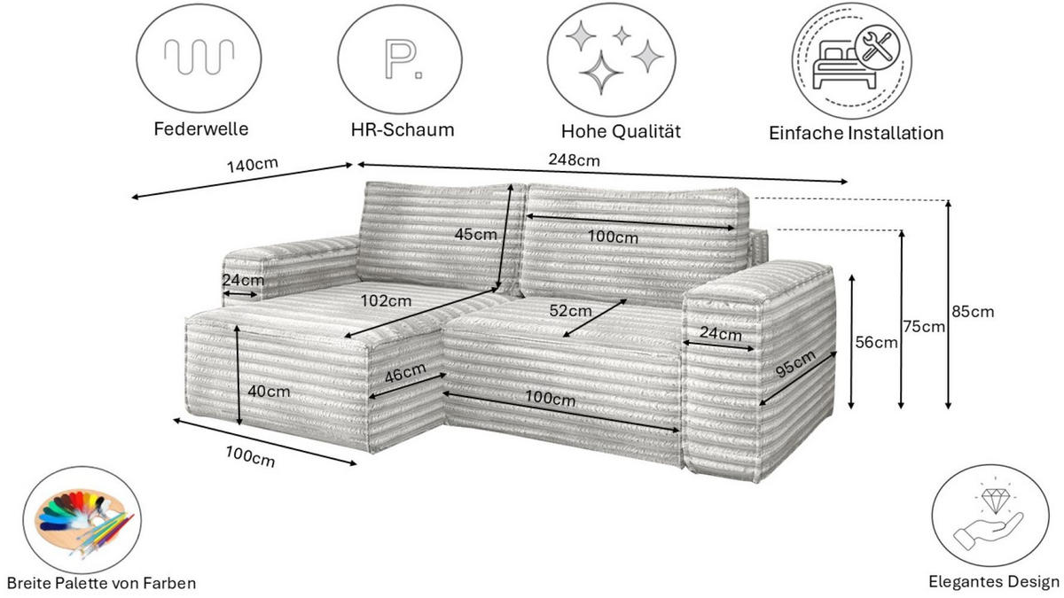 ECKSCHLAFSOFA Bohoo-Ecksofa mit Schlaffunktion stoff Velo Hellgrau Rechts - Hellgrau, Holz/Textil (248/140cm) - Kaiser Möbel