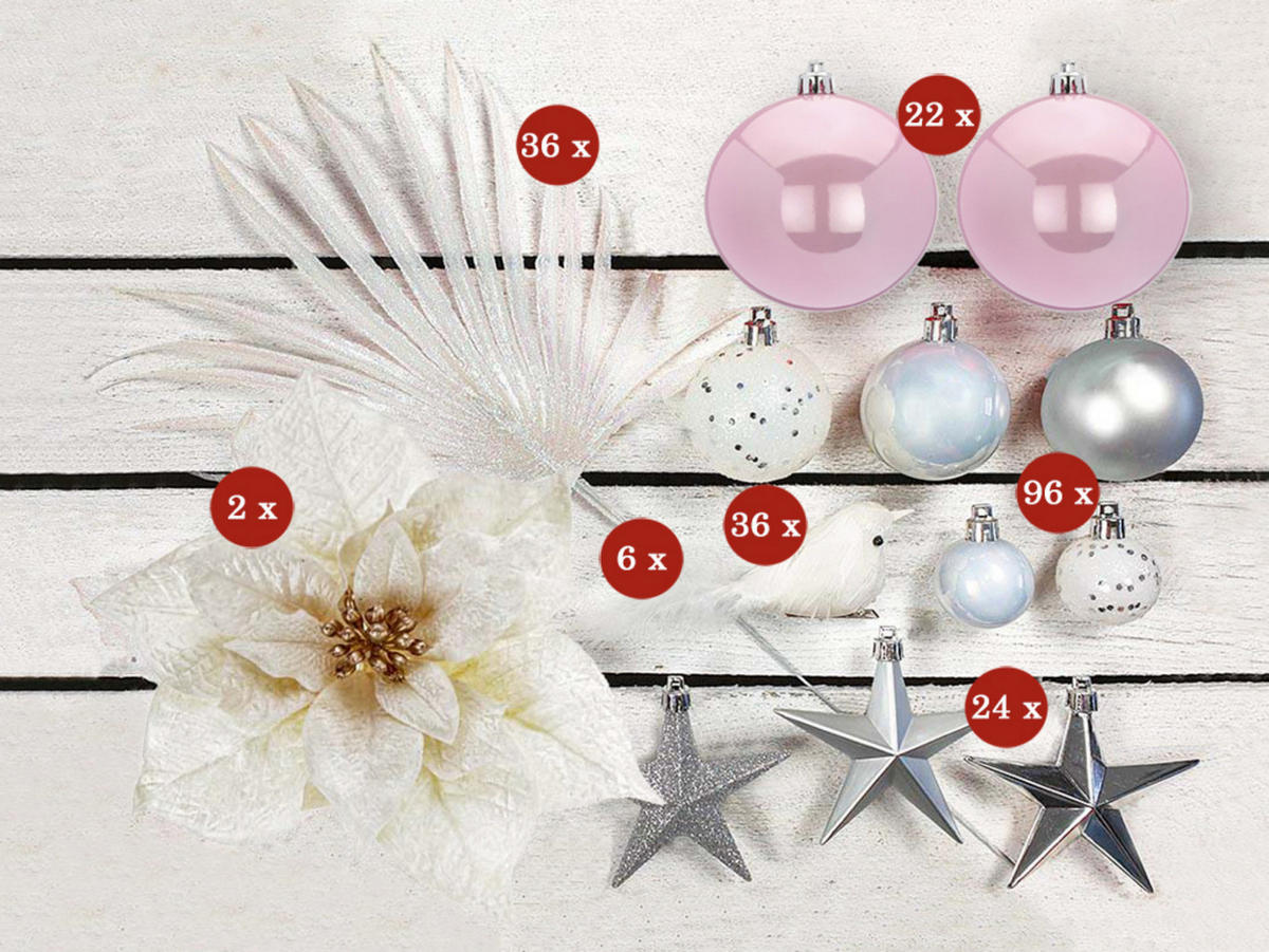 LAALU WEIHNACHTSBAUM geschmückt künstlich mit 222 Ornamenten POLAR PINK II 500 cm Baum mit Ständer und Weihnachtsschmuck - Silberfarben/Weiß, Kunststoff (500cm) - LAALU