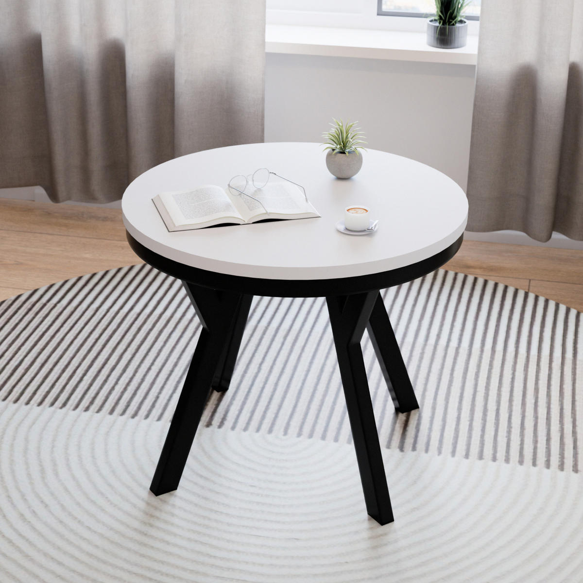ESSTISCH ARI Rund (90-190 cm Ausziehbar Weiß Matt Metallbeine Schwarz) - Schwarz/Weiß, Holz/Holzwerkstoff (90/90/76cm) - Ravio