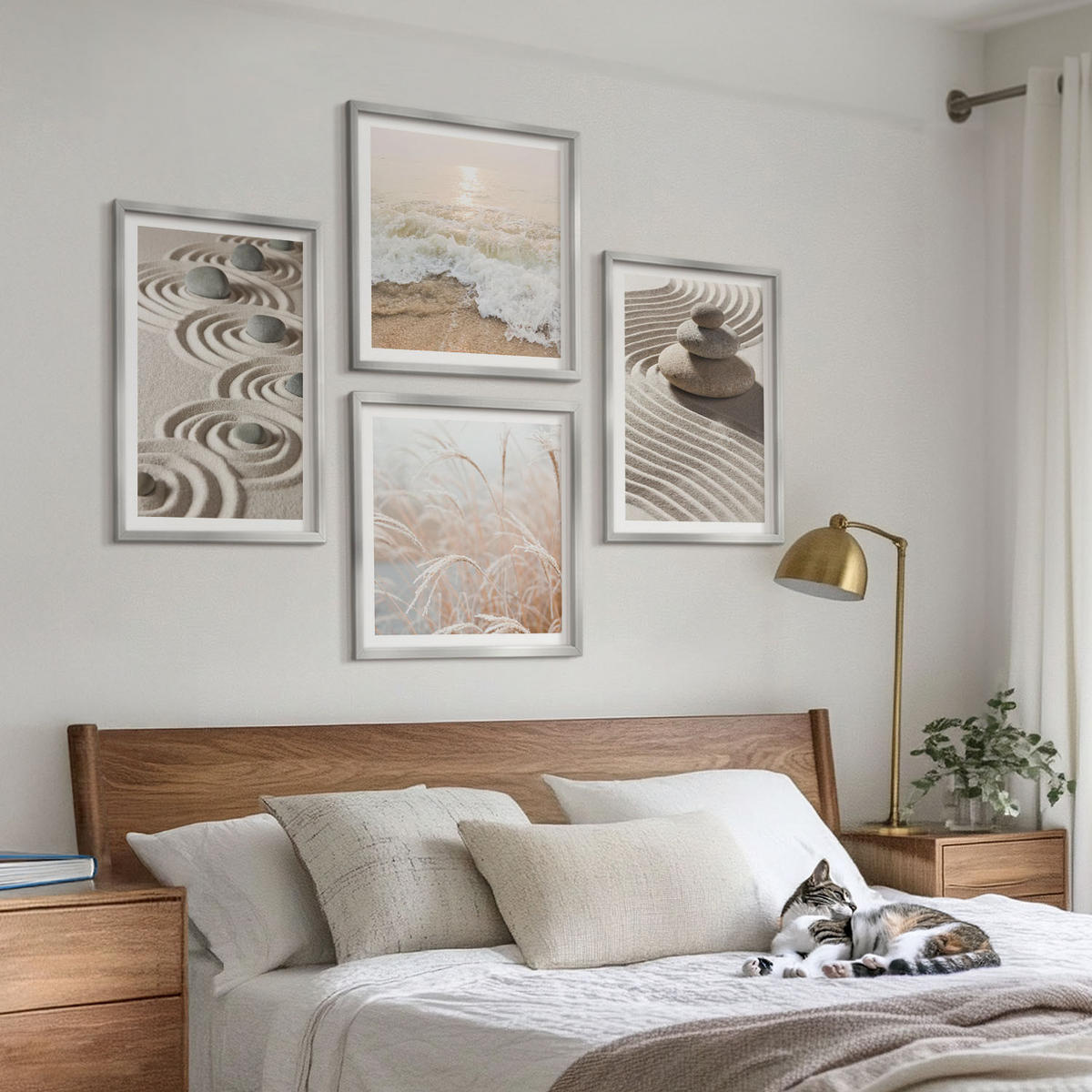 BILDER SET 4er Set - 50x50 cm & 40x60 cm Silberner Rahmen - Wellen, Sand, Wasser, Steine, Strand - Silberfarben, Kunststoff (50/50cm) - TULUP