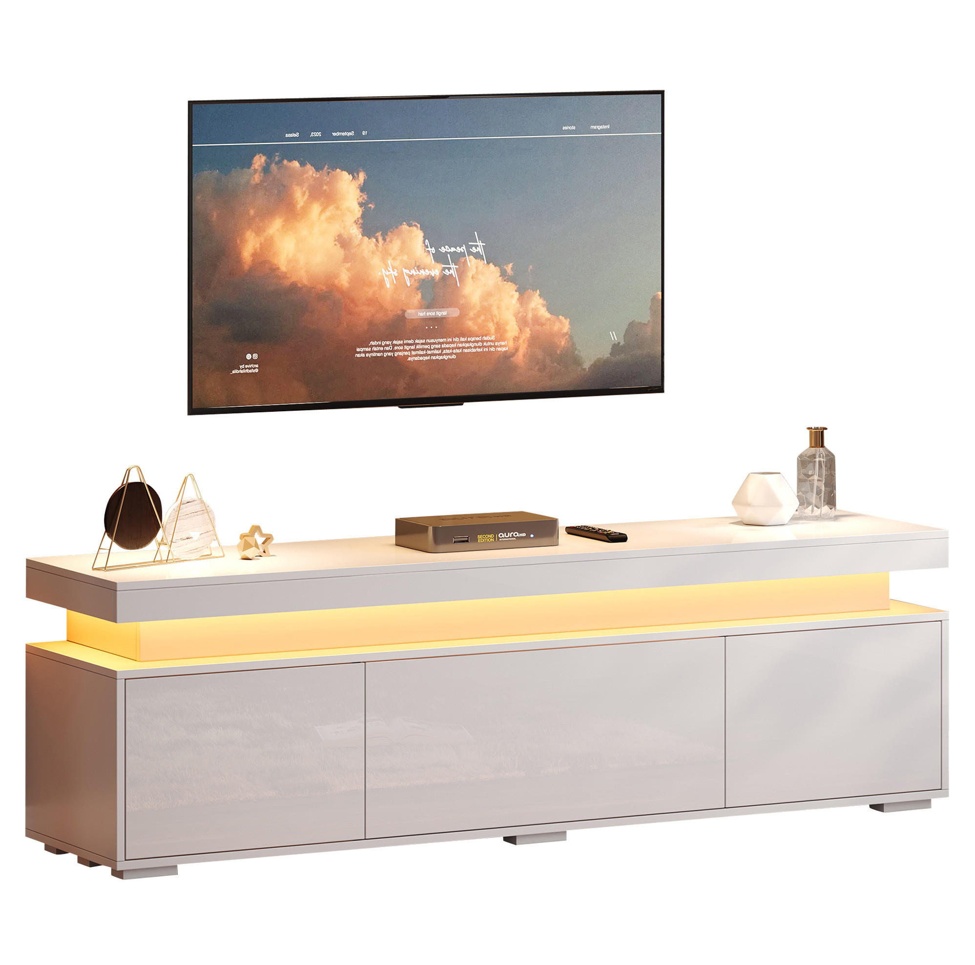 TV stolek z dřevotřísky 150x35x43 cm bílý s LED osvětlením, 3 dvířky a 4 přihrádkami - bílá, kompozitní dřevo (150/43/35cm) - Modfu