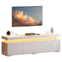 TV stolek z dřevotřísky 150x35x43 cm bílý s LED osvětlením, 3 dvířky a 4 přihrádkami - bílá, kompozitní dřevo (150/43/35cm) - Modfu