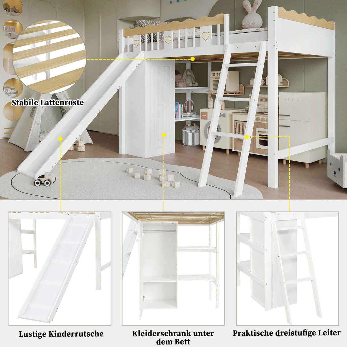 HOCHBETT 90x200 cm Rutsche Schrank Stauraum - Weiß, Holz (90/200cm) - LEBENLANG