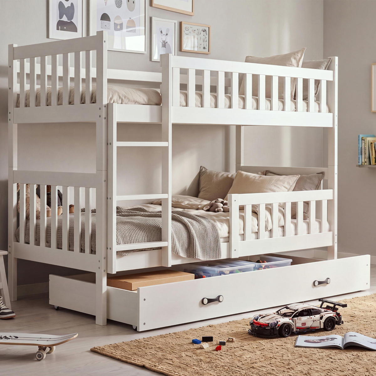 INTERBEDS Etagenbett Jakob 90/190 cm Weiß, massive Kiefer, erweiterbar in 2 Einzelbetten, mit Bettkasten / Schublade, Rausfallschutz & Lattenrost - Weiß, Holz (90/190cm) - Interbeds