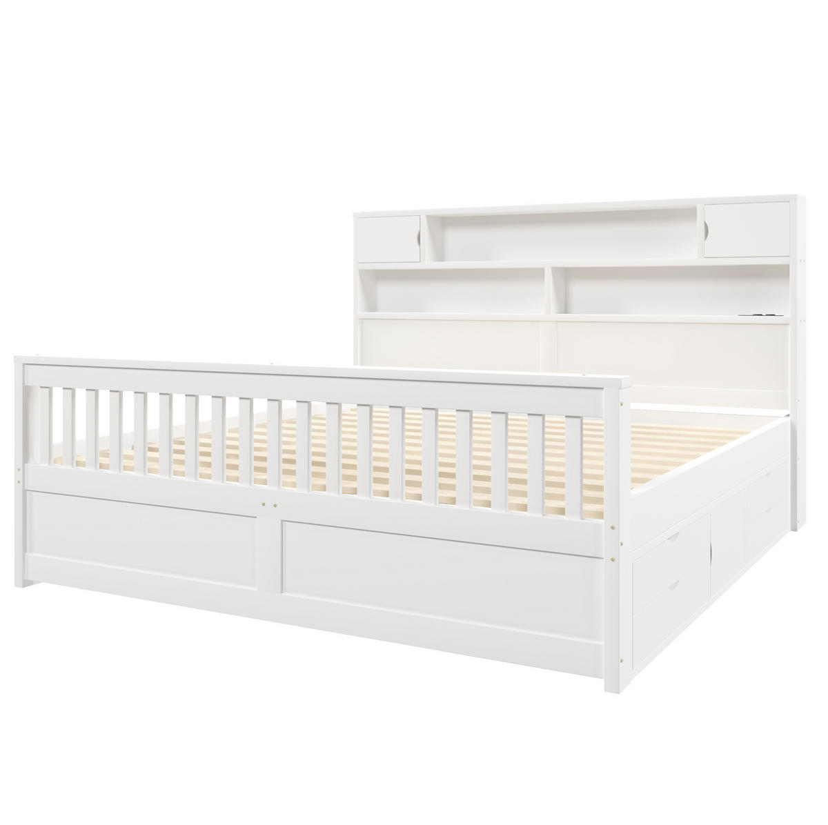 POSTEĽ 180/200 cm biela z MDF a preglejky s LED čelom, policami, USB a 4 zásuvkami - biela, kompozitné drevo (180/200cm) - OKWISH