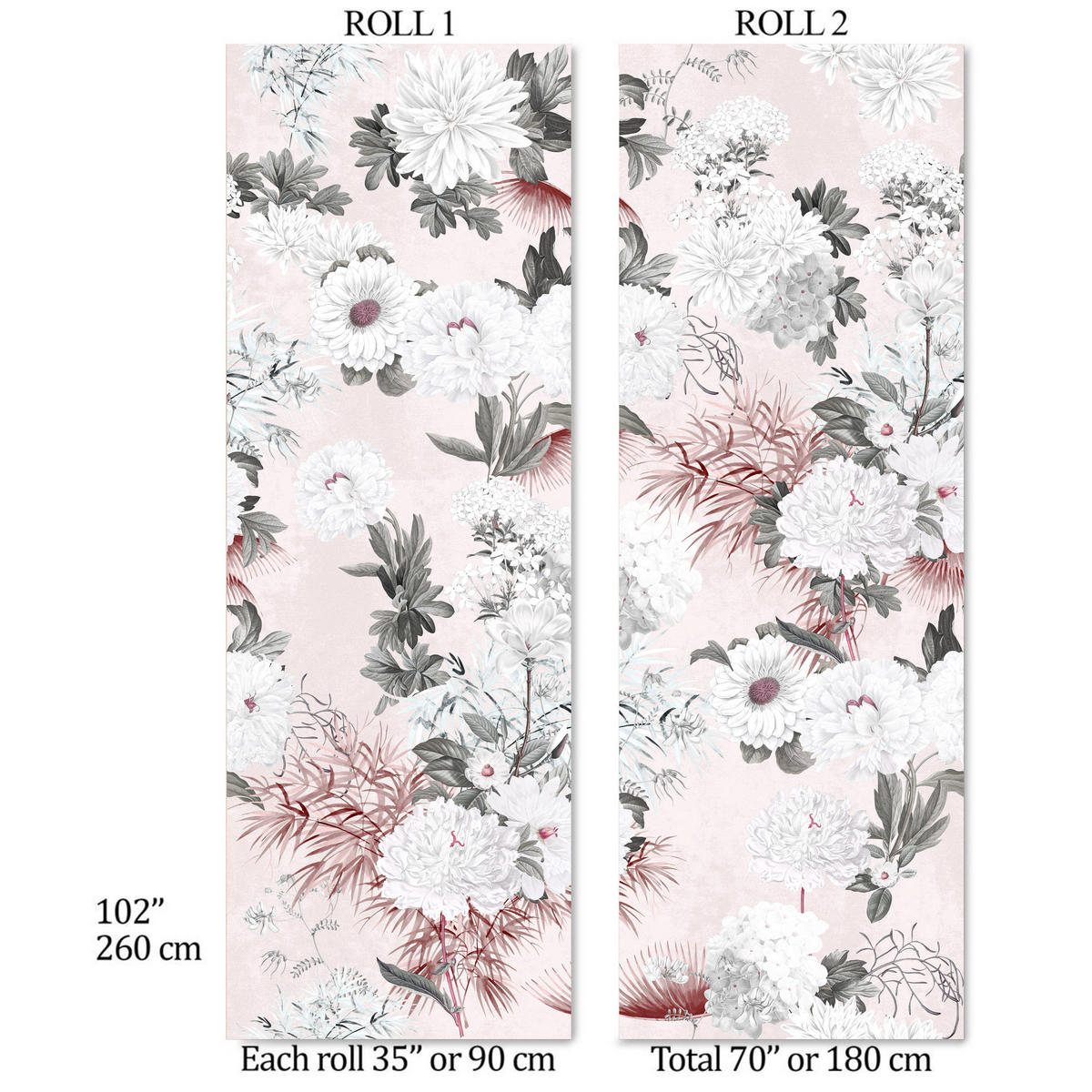 TAPETE Blumen in Puderrosa aus echtem Papier, 180x260cm, 2 Rollen - Pink, Papier (180/260cm) - WALLPAPERS4BEGINNERS