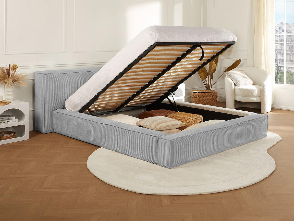 BETT mit Bettkasten - 2 Personen - Samt, Stoff - Hellgrau - Hellgrau, Textil (160/200cm) - Vente-Unique