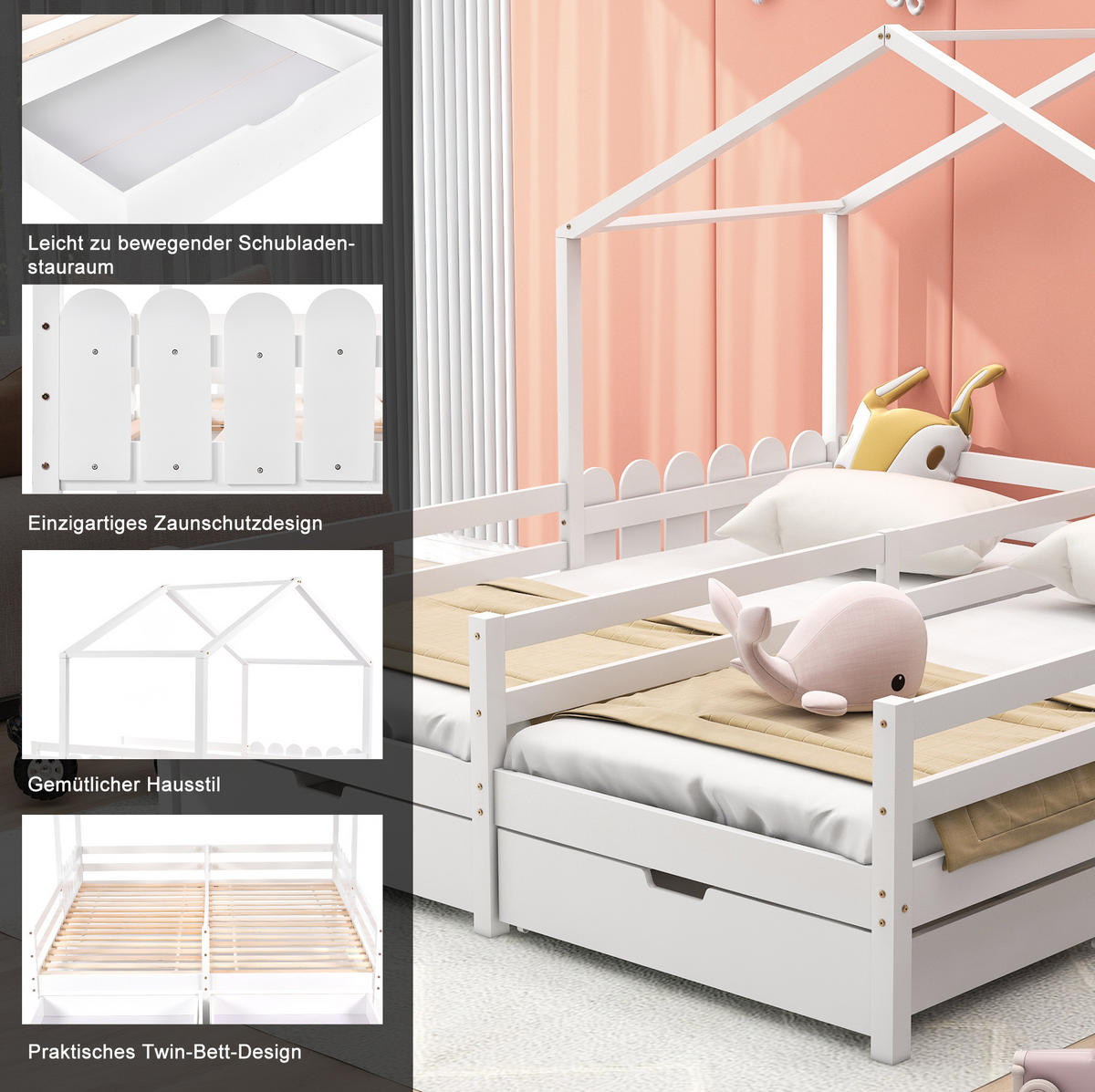 HAUSBETT 90/200 cm Weiß mit 2 MDF-Schubladen und Gitterzaun - Weiß, Holz (90/200cm) - OKWISH