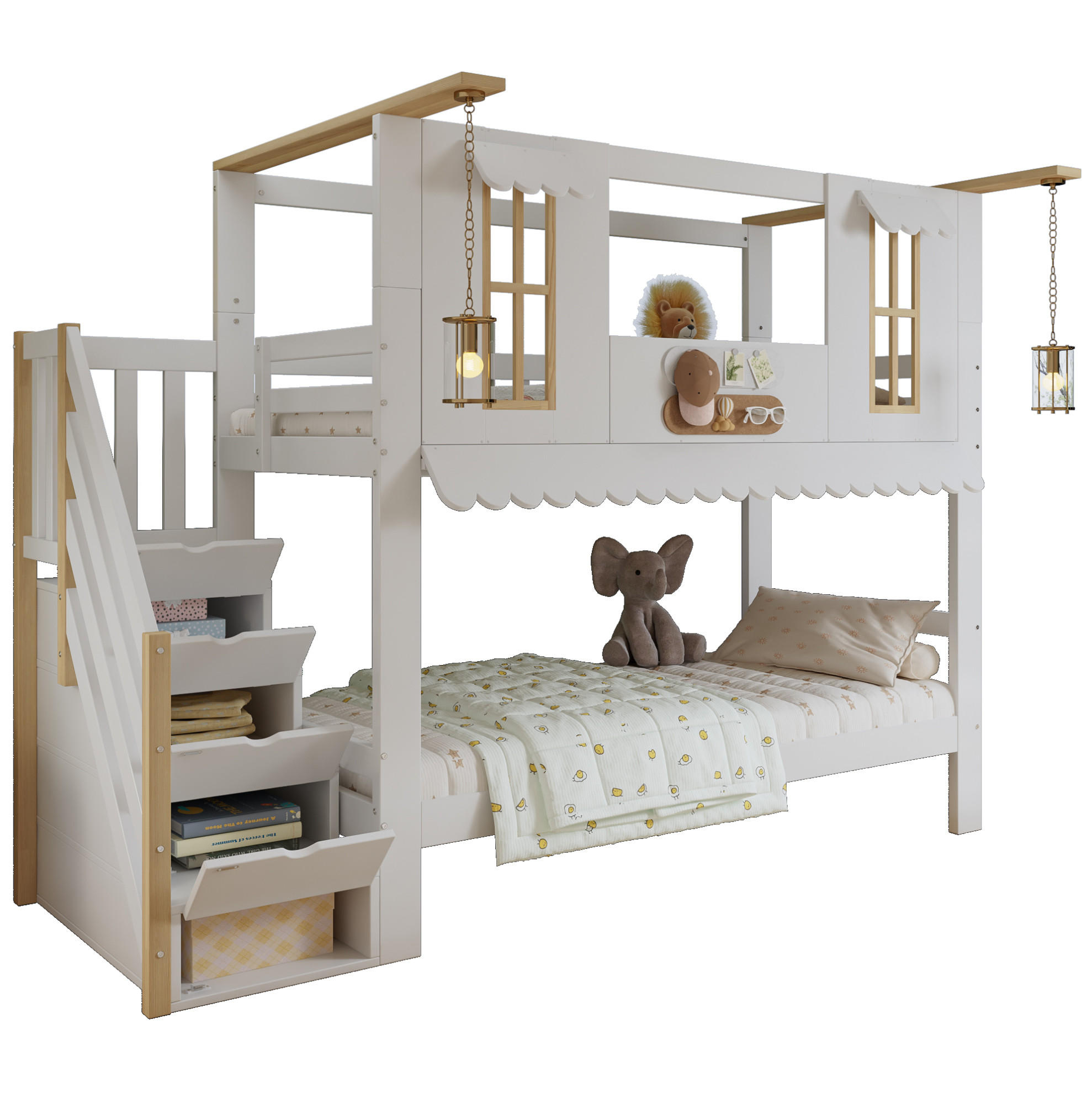 POSCHODOVÁ posteľ, 90/200 cm borovica a MDF biela/prírodná s úložnými schodmi - biela, drevo (90/200cm) - BEAOK
