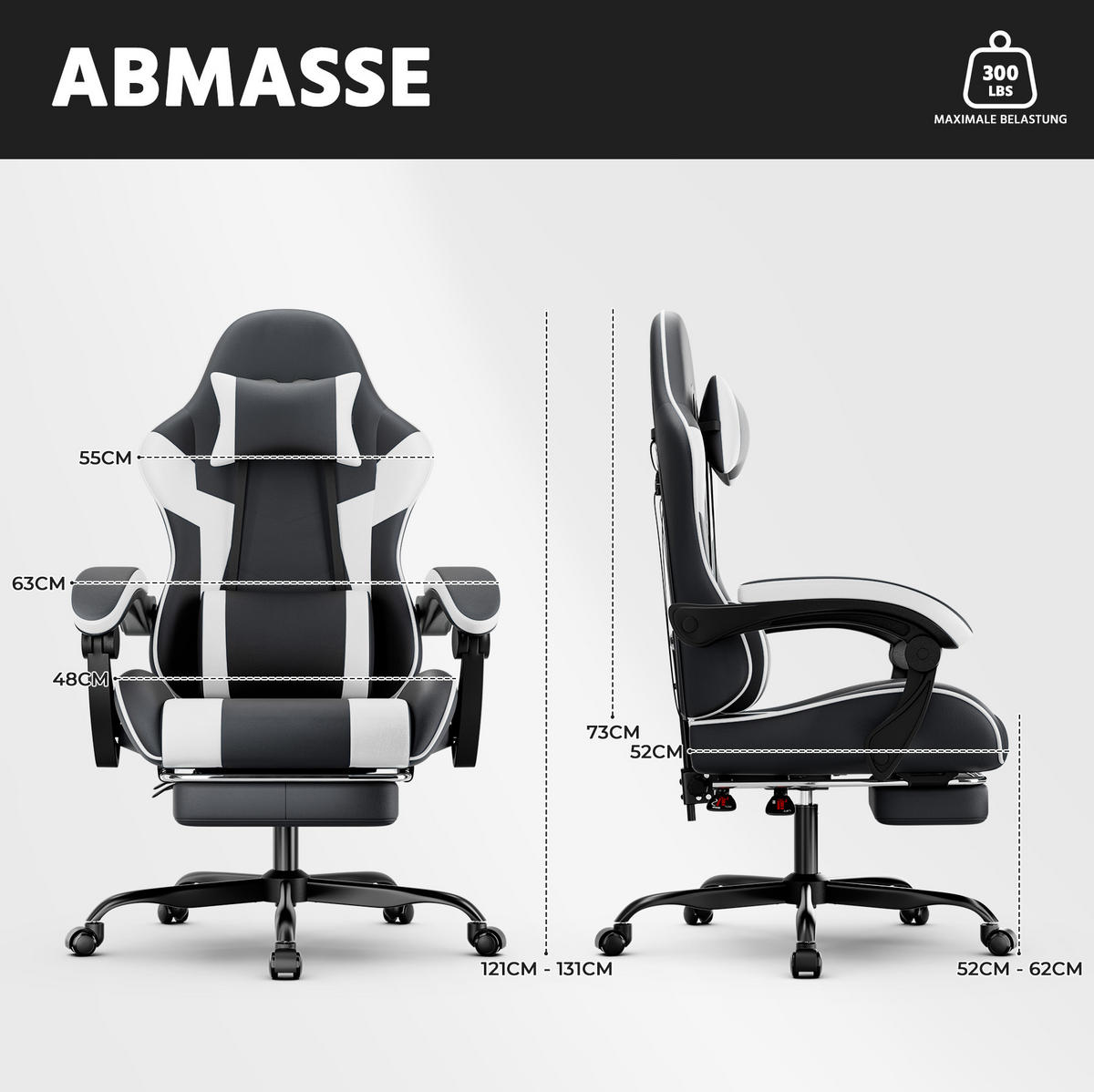 GAMINGSTUHL ergonomisch verstellbar PVC Black White - Weiß, Kunststoff (63/120.5/58.5cm) - Meubliv