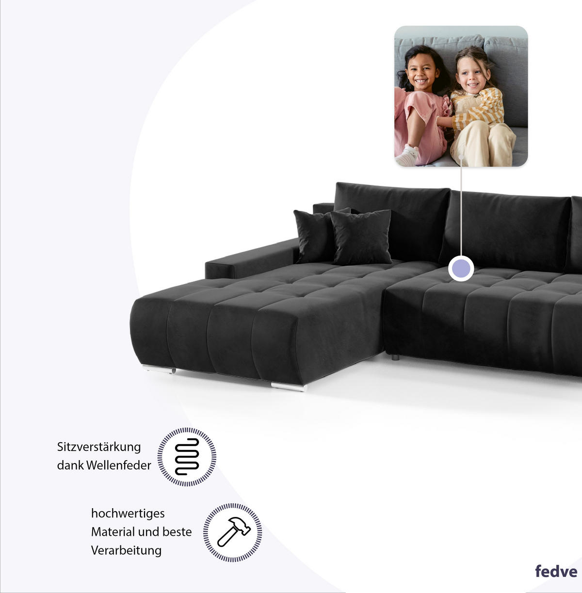 ECKSOFA mit Schlaffunktion Dhaka L, Schwarz - Schwarz, Textil (185/265cm) - Fedve