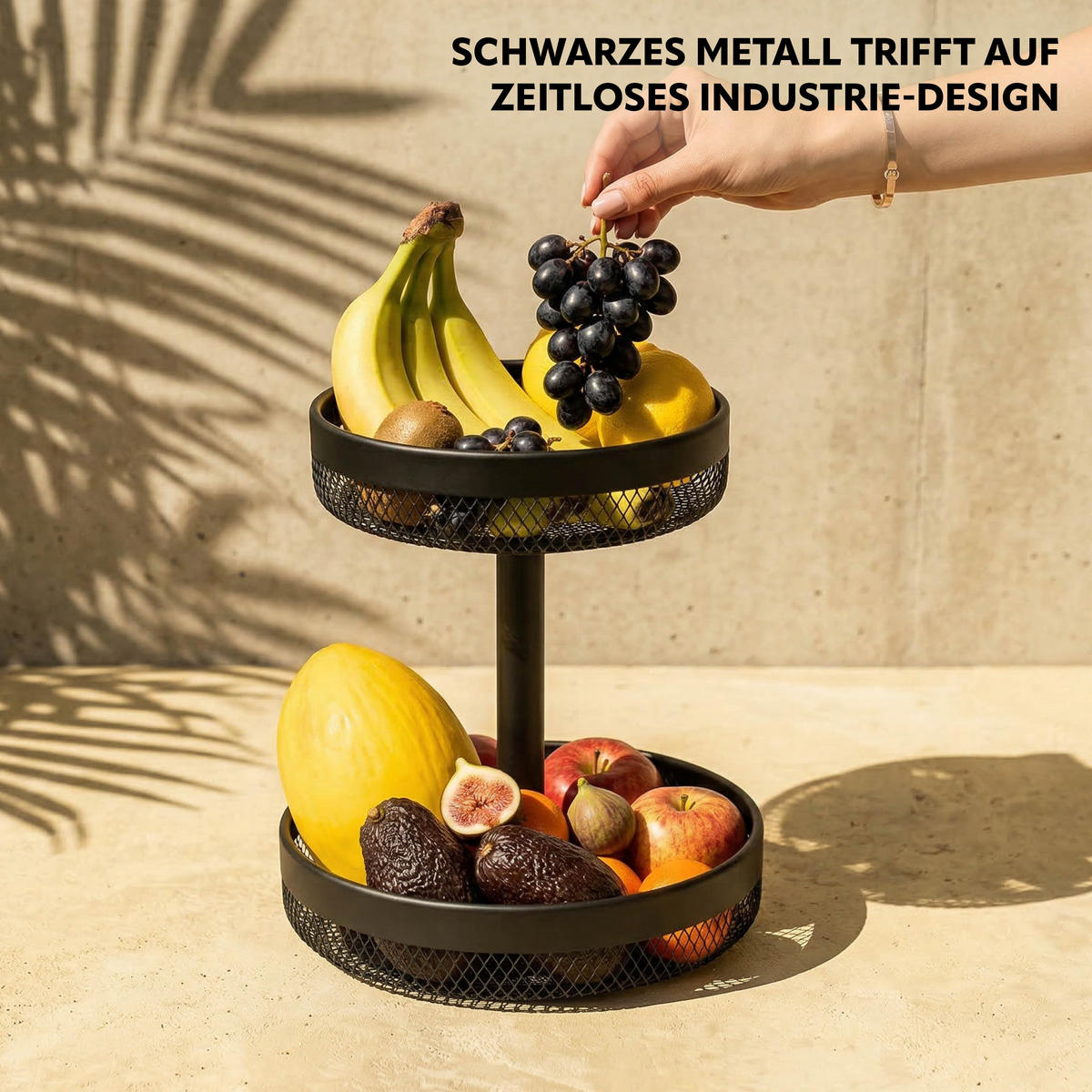 OBSTETAGERE, rund, 2-stöckig, Ø 20 cm und 25 cm, schwarz, Metall - Schwarz, Metall (25/31cm) - eluno