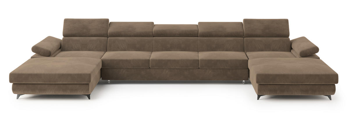 WOHNLANDSCHAFT VIVENTE Beige Velours-Stoff mit Schlaffunktion - Beige, Holz (410/89/190cm) - MASSENO