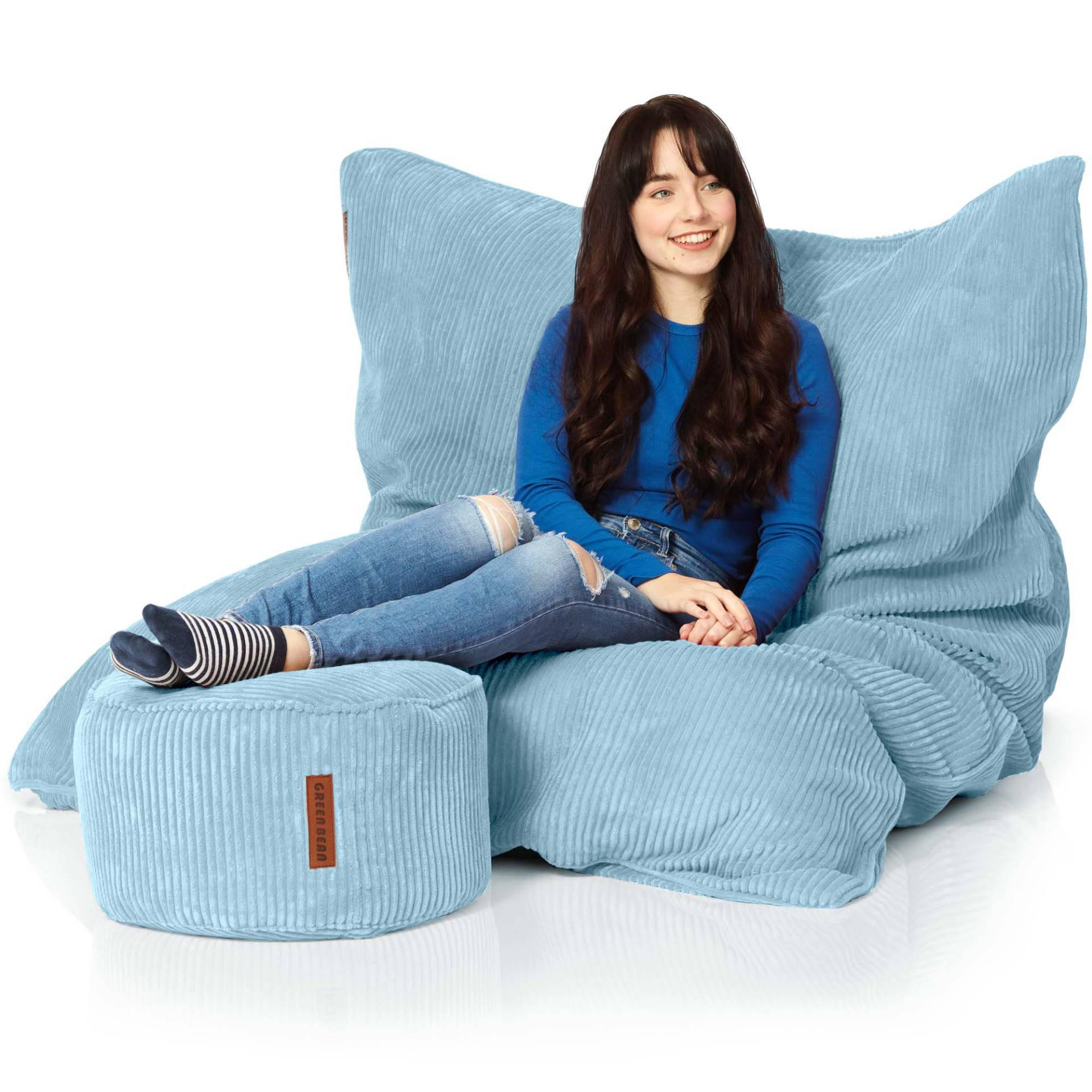SITZSACK XXL "Square" + Pouf aus Cord - Hellblau, Textil (140/25/180cm) - Green Bean
