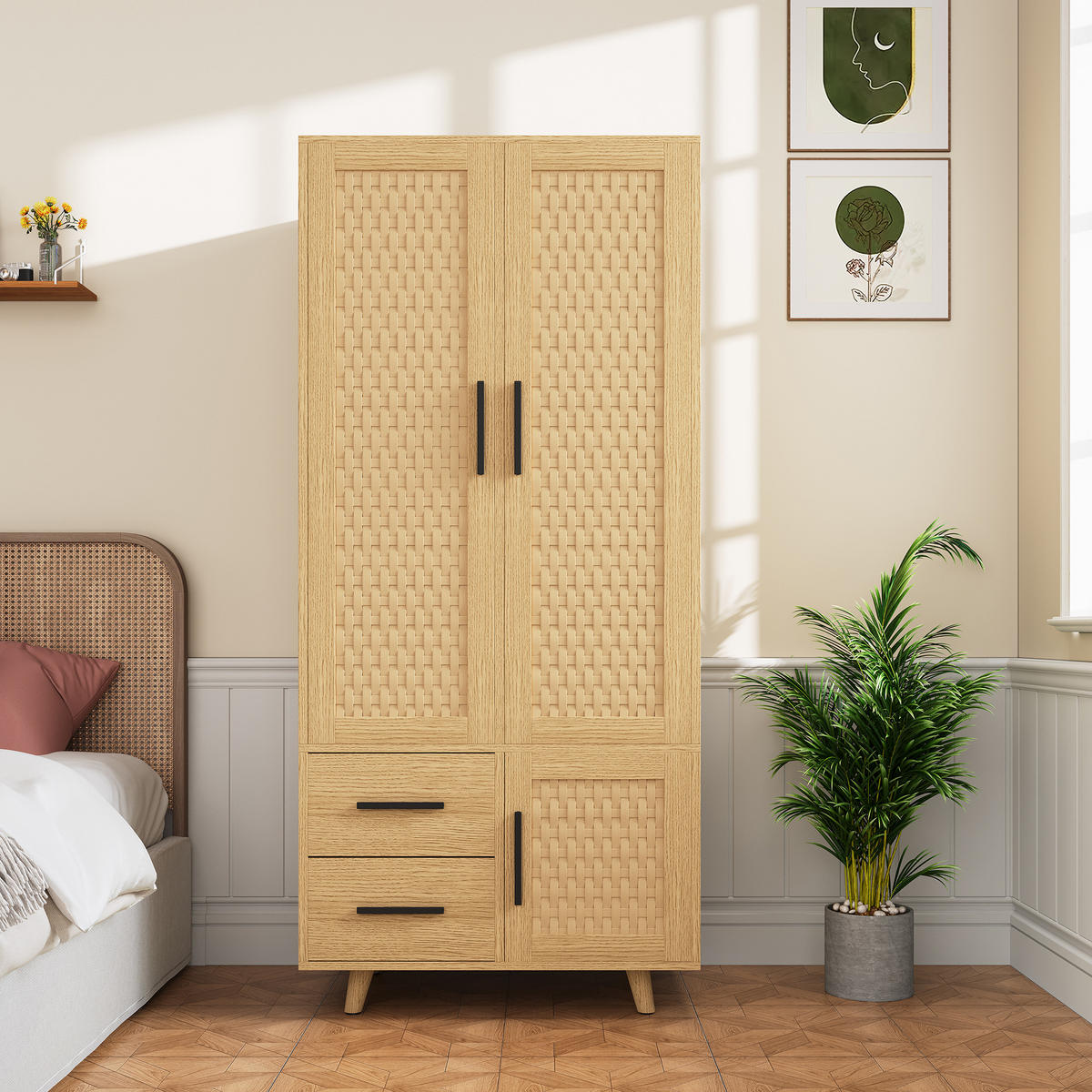 KLEIDERSCHRANK aus Rattan in Eichefarben, 2 Schubladen, integrierte Kleiderstange - Eichefarben, Holz (80/166/52cm) - EuroLiving