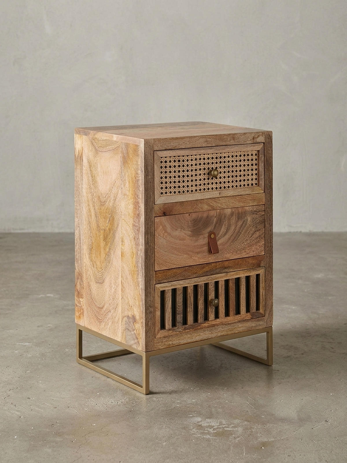 NACHTTISCH – Mango Massivholz/Rattan, 3 Schubladen, für Boxspringbett - Goldfarben/Braun, Holz/Metall (40/60/30cm) - KADIMA DESIGN