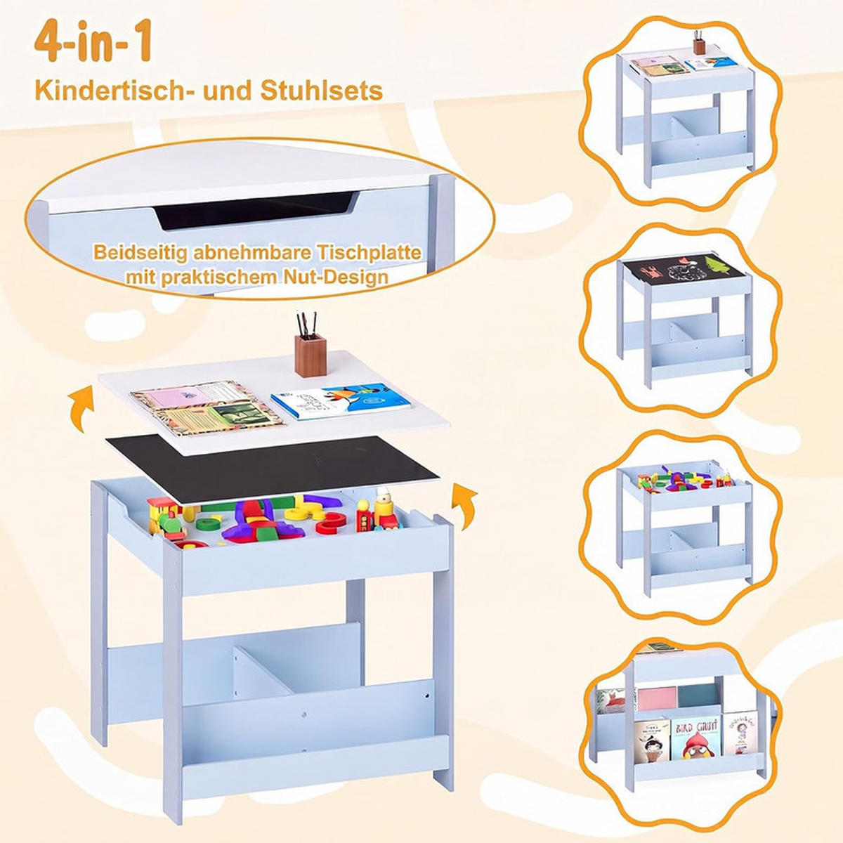 KINDERTISCH mit Stuhl blau(3-tlg) - Blau, Holzwerkstoff (62/56.5/62cm) - COSTWAY