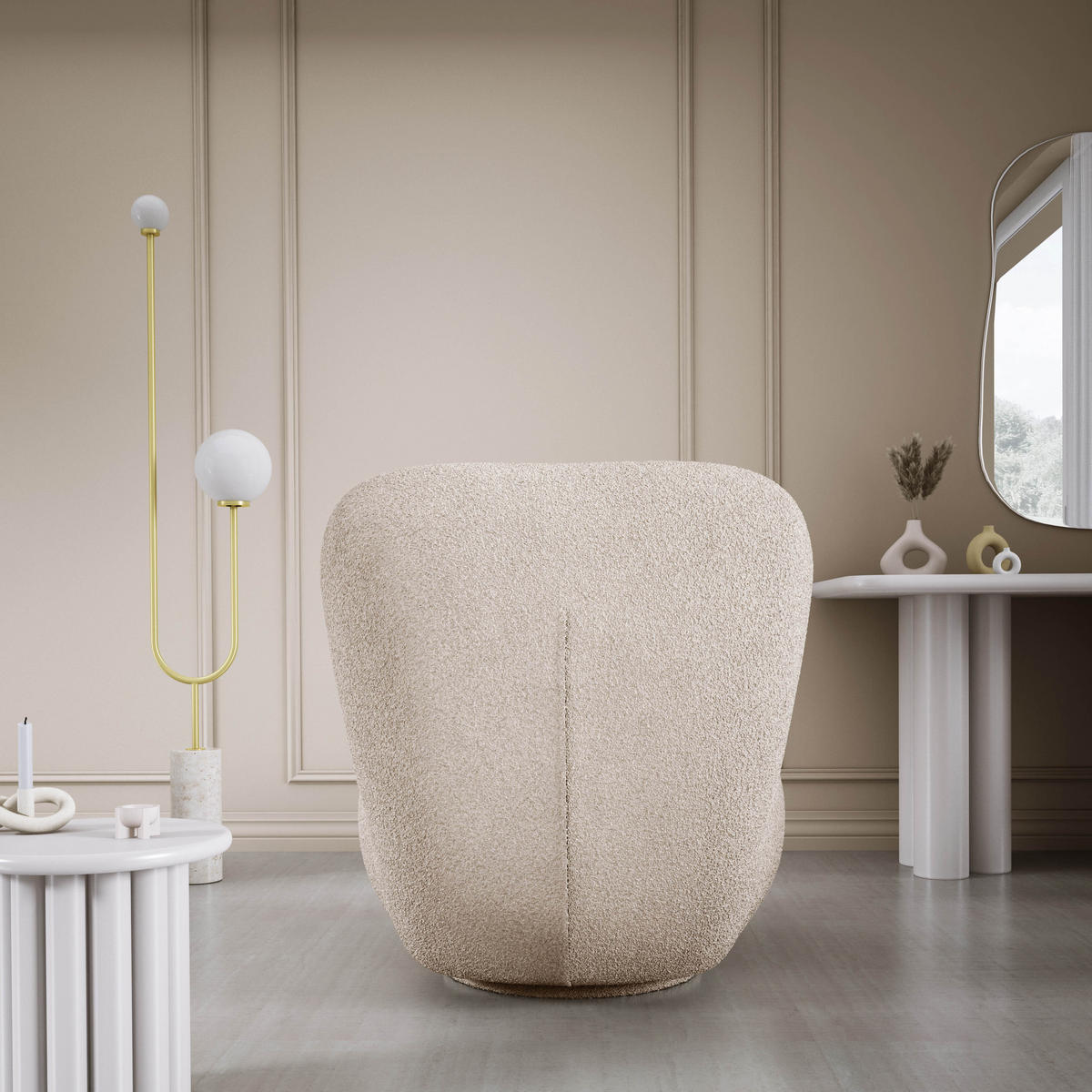 DREHSESSEL LUIS, Freistehend, Sitz drehbar 360°, 39x82x56 cm, PULVERWEISS - Sandfarben, Holz/Textil (82/72/66cm) - DomoHome