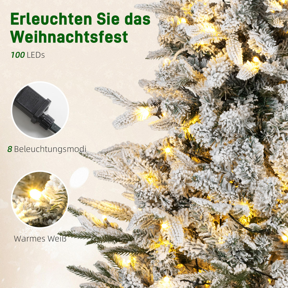WEIHNACHTSBAUM DE-41552 Schneebedeckter Look, 100 LEDs, 8 Modi - Weiß/Grün, Kunststoff (120cm) - ComfortXL
