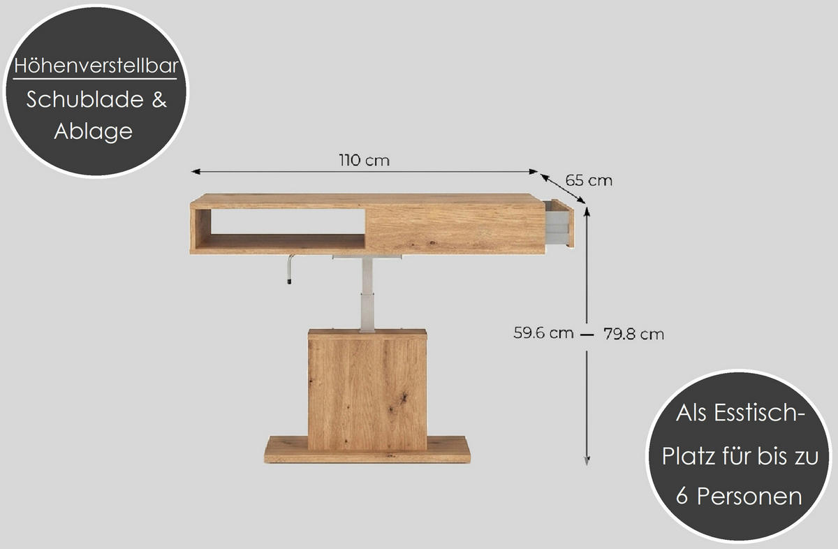 COUCHTISCH rechteckig stufenlos höhenverstellbar Schubalde 110/65/59 cm - Eichefarben, Holzwerkstoff (65/110/59cm) - designimpex