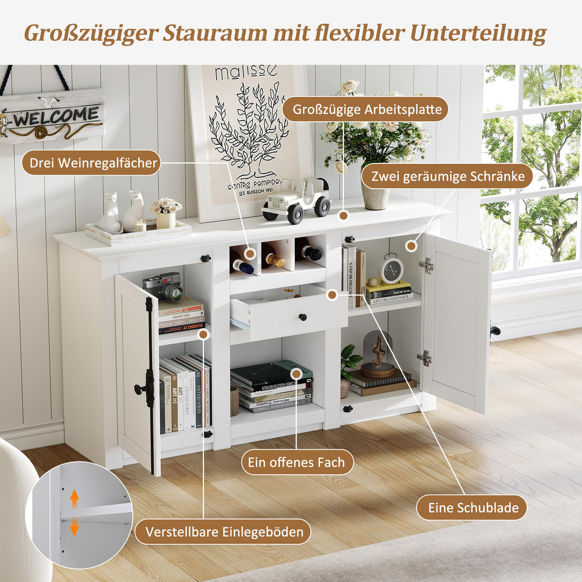SIDEBOARD Weiß 2 Türen 1 Schublade 130x35x70cm Weinregal - Weiß, Holzwerkstoff (35/70/130cm) - FLIEKS