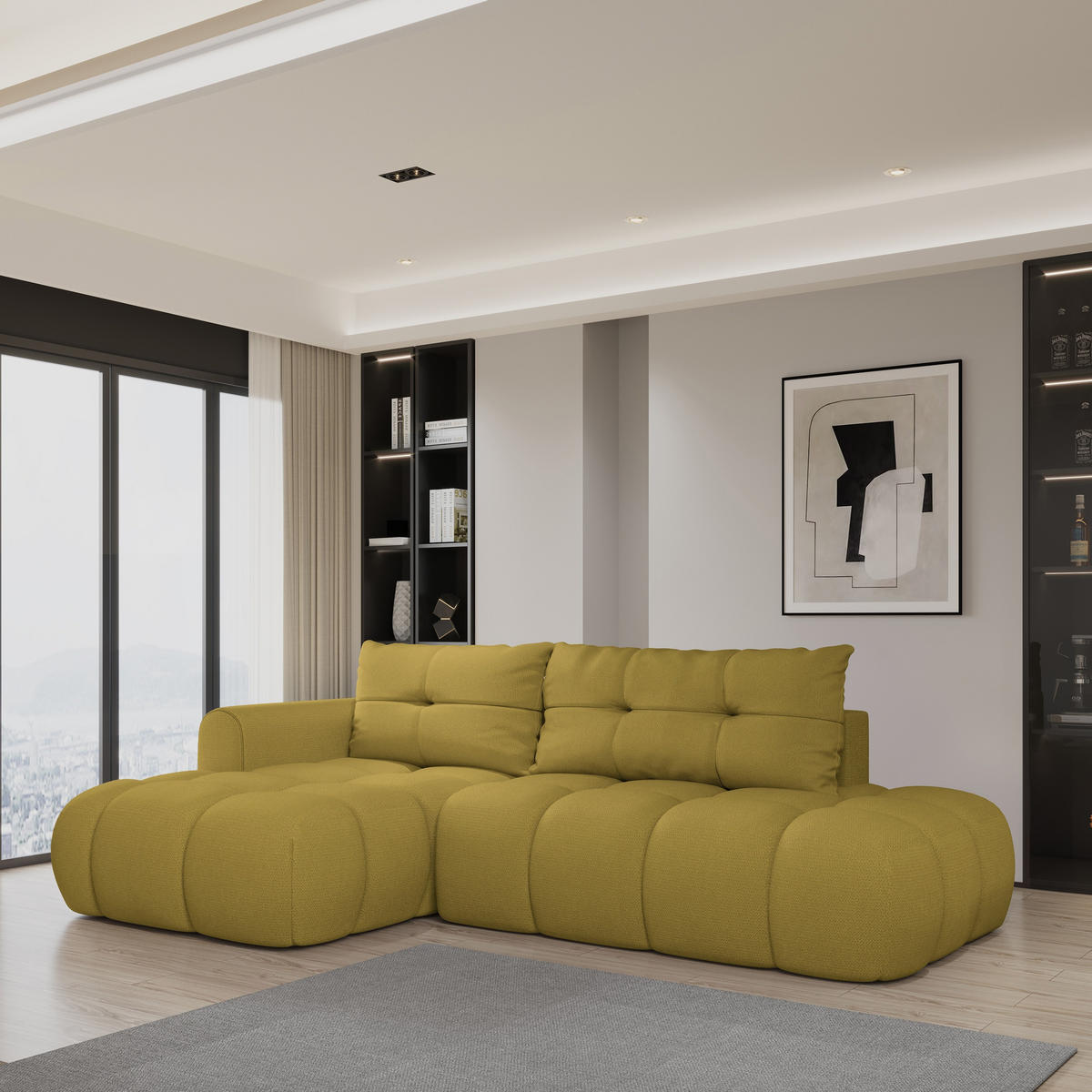 ECKSOFA FLUMA L-S Gelb Geflochtener Stoff mit Schlaffunktion - Gelb, Holz (274/165cm) - MASSENO