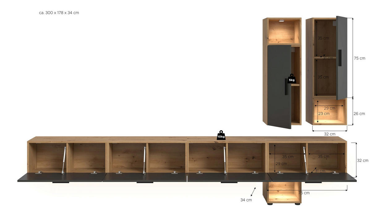 WOHNWAND INKL BELEUCHTUNG The One Basalt grau 300/34/178 cm - Braun, Holzwerkstoff (300/178/34cm) - Xonox