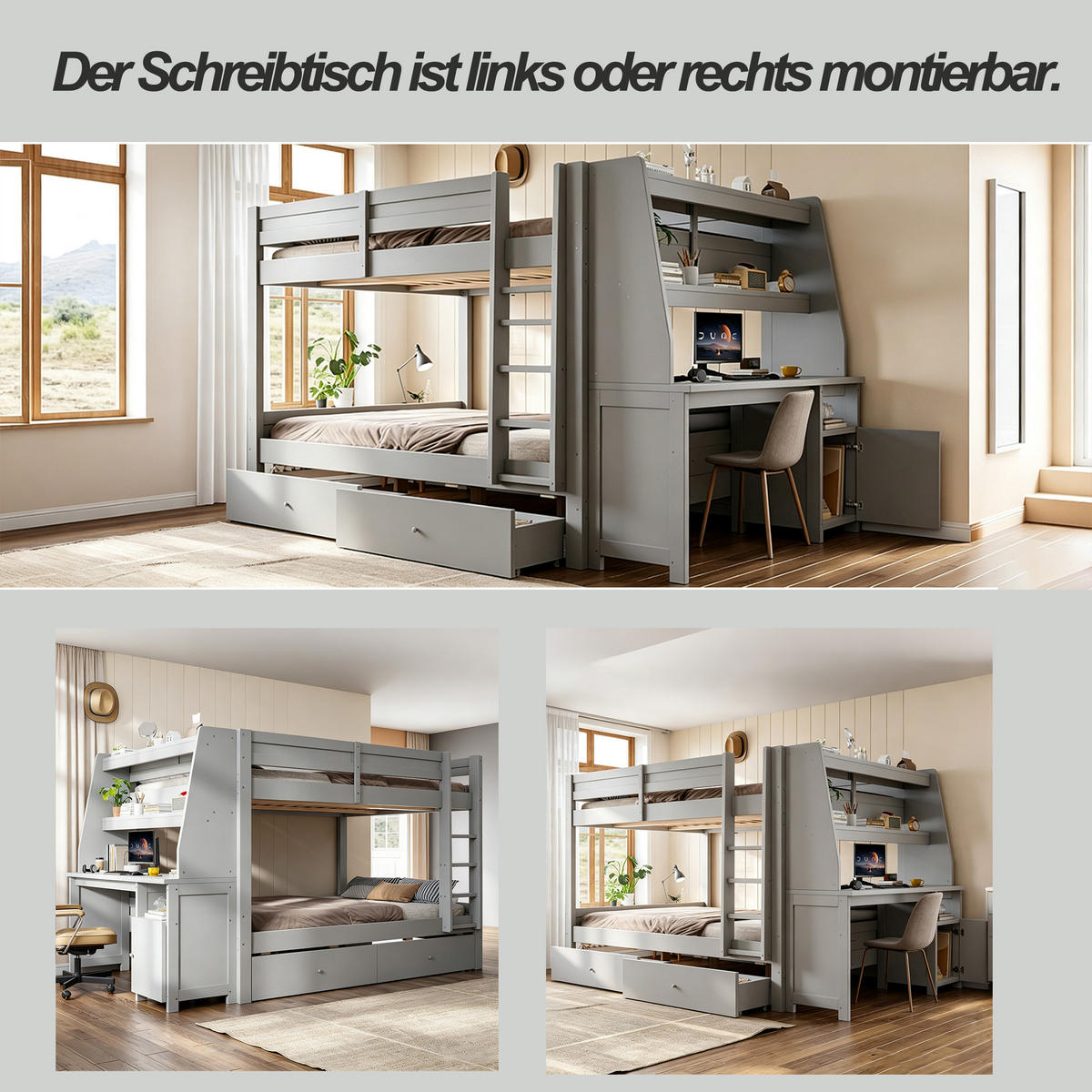 ETAGENBETT 140 x 200 cm mit Schrank und Schreibtisch, Grau - Grau, Holz (140/200cm) - FLIEKS