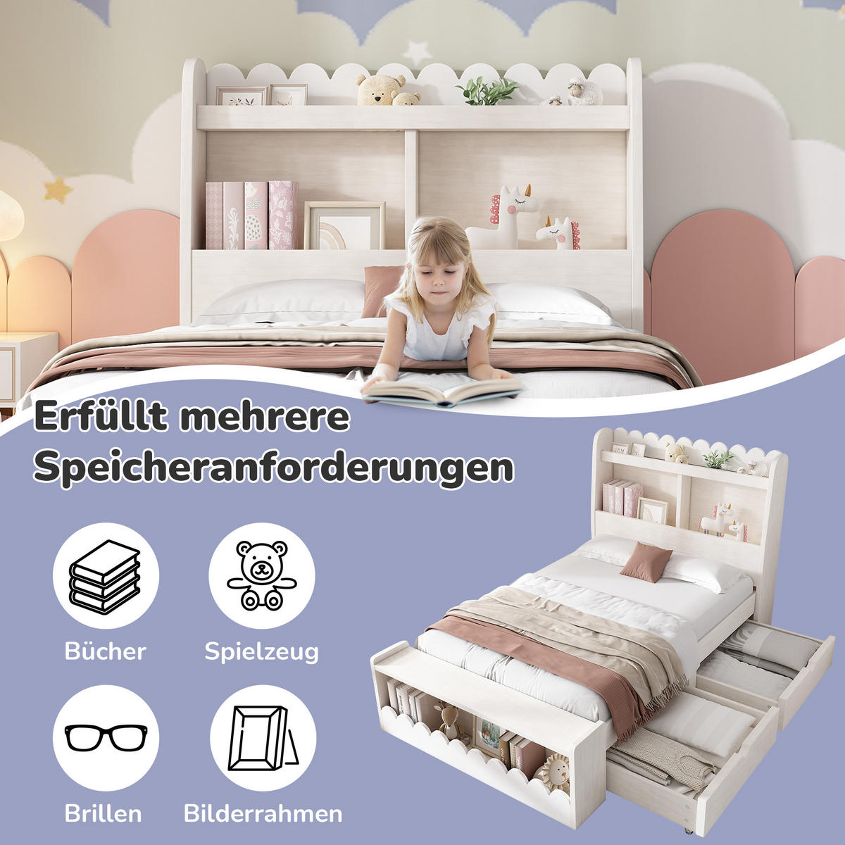 KINDERBETT 90/200 cm in Weiß & Eichefarben mit 2 Schubladen, Regal und Sitzbank - Weiß, Holz/Holzwerkstoff (90/200cm) - WISHDOR