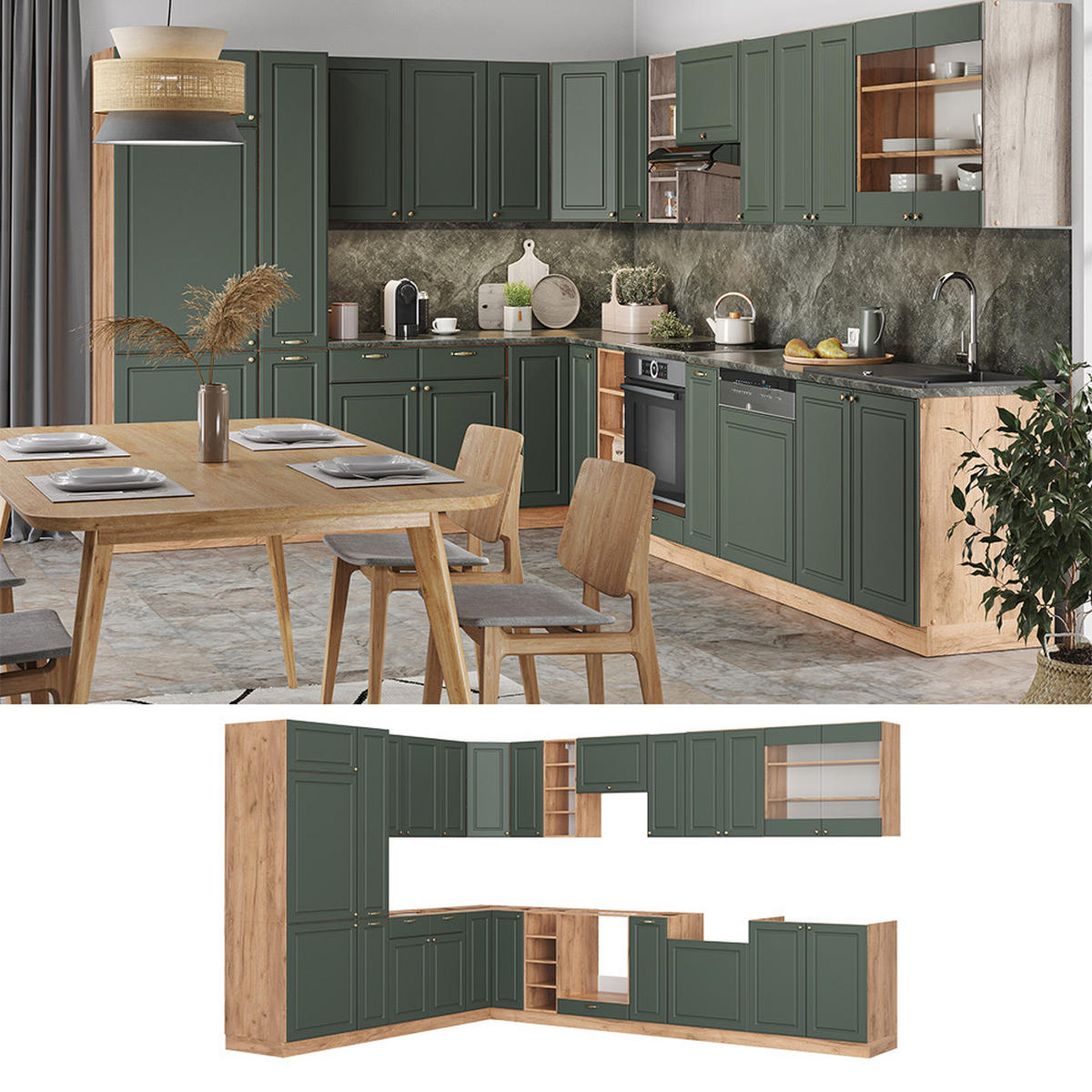 ECKKÜCHE Fame-Line Grün-Gold Landhaus/Goldkraft Eiche 347x257 cm AP Marmor - Eiche Wotan/Grün, Holzwerkstoff (347/81.6/60cm) - Vicco