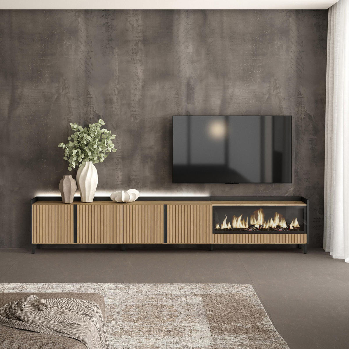 LOWBOARD, Eiche und Schwarz, 315/35/61cm, Elektrokamin XXL, Industriedesign, Led - Eichefarben, Holzwerkstoff (315/61/35cm) - Skraut Home