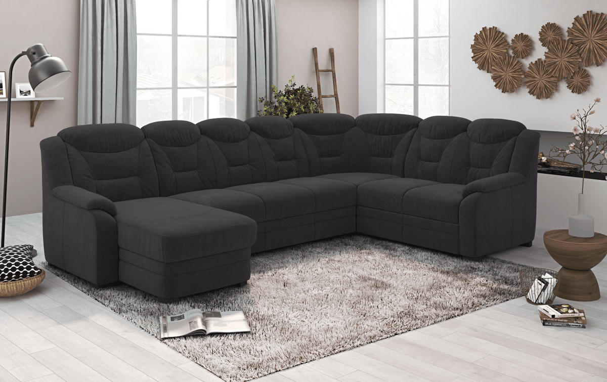 WOHNLANDSCHAFT mit Schlaffunktion und Bettkasten – weiches Chenille-Gewebe - Anthrazit/Schwarz, Holz/Kunststoff (211/99/330cm) - Cotta