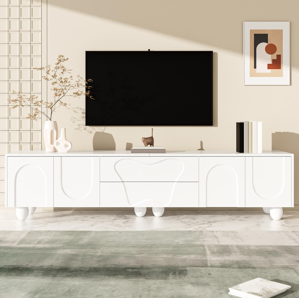 TV ormarić 180/40/42 cm bijeli od iverice s ladicama i vratima na nogama od masivnog drva - bijela, drvni materijal (180/42/40cm) - OKWISH