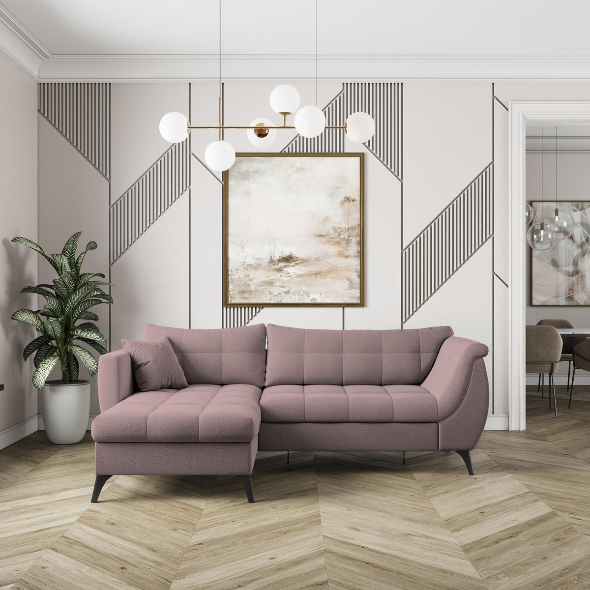 ECKSOFA MOLLIS Rosa Geflochtener-Stoff mit Schlaffunktion - Rosa, Holz (241/154cm) - MASSENO